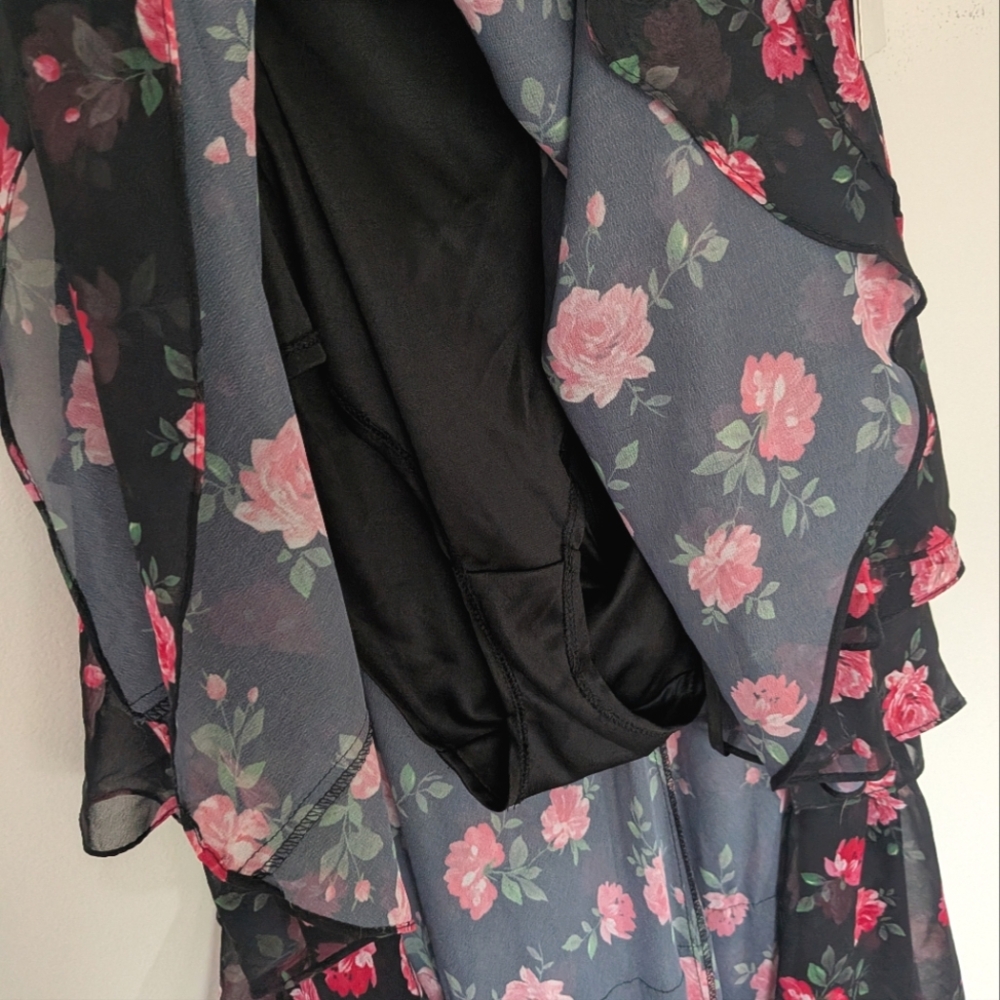 NWT! Mac Duggal Black One Shoulder Ruffled Rose Print Layered High-Low Dress - Picture 8 of 12